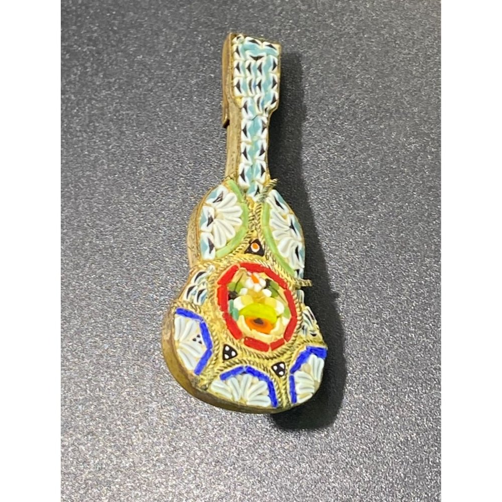 Vintage Micro Mosaic Guitar Brooch Pin Italy Gold Tone Instrument - Picture 3 of 7